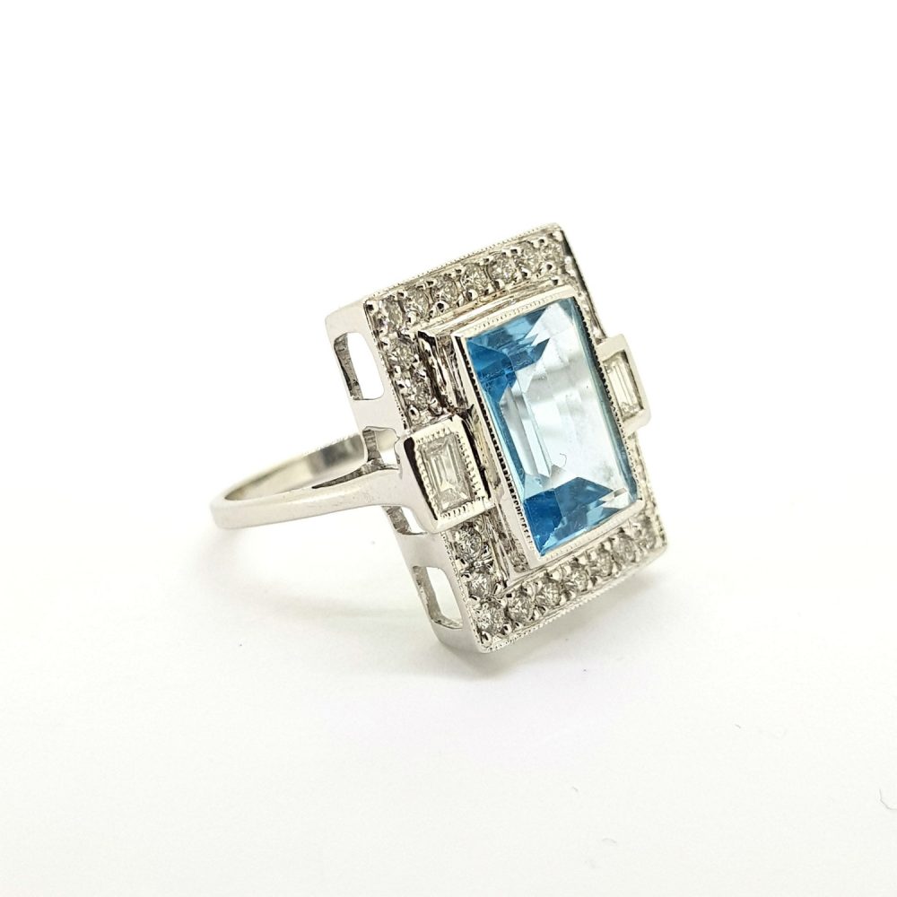 Art Deco Style Aquamarine and Diamond Tablet Ring