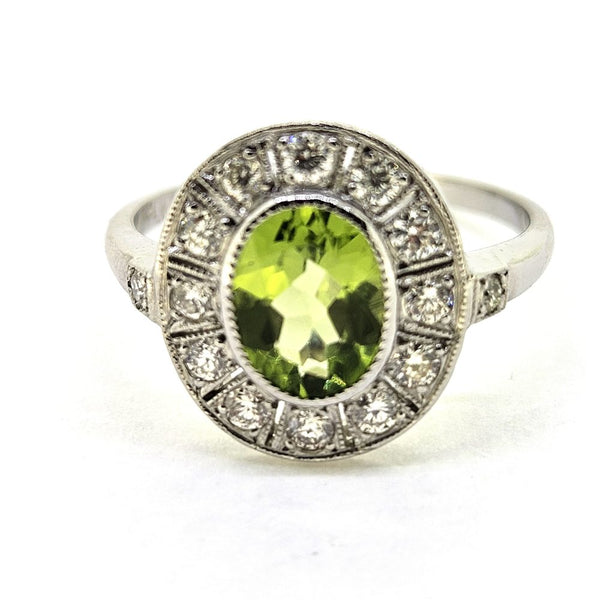 1.20ct Oval Peridot and Diamond Cluster Engagement Ring in Platinum