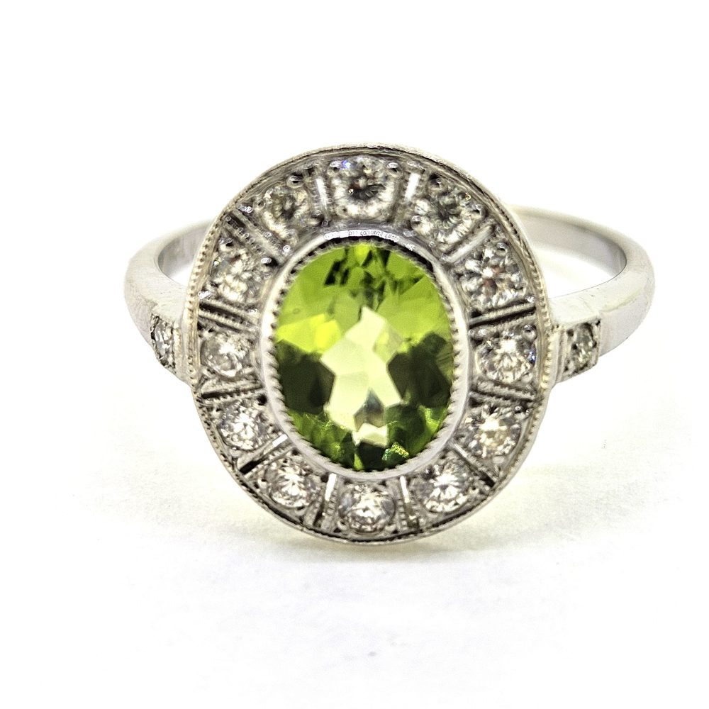 1.20ct Oval Peridot and Diamond Cluster Engagement Ring in Platinum