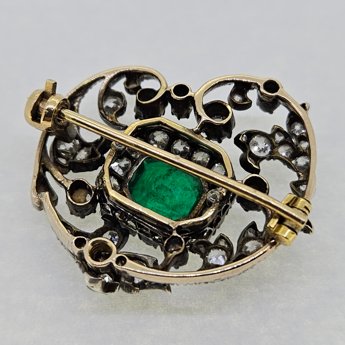 Antique Columbian Emerald and Old Cut Diamond Brooch