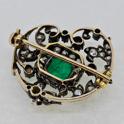 Antique Columbian Emerald and Old Cut Diamond Brooch