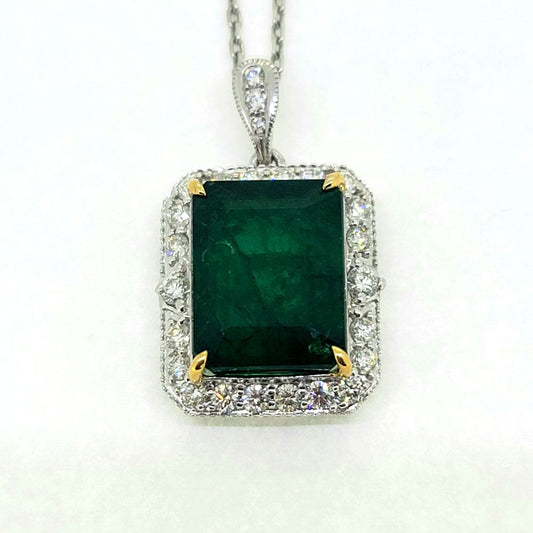 9.41ct Emerald Cut Emerald and Diamond Cluster Pendant with Diamond Bail in 18ct White Gold and Chain Included