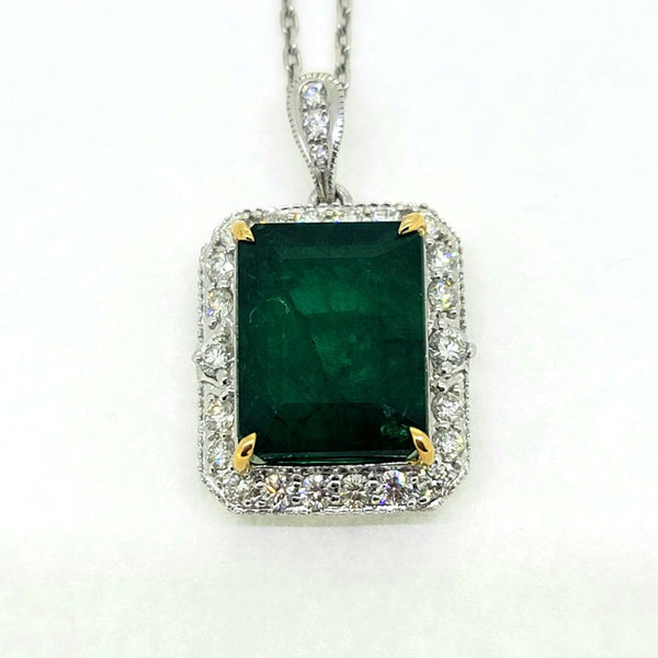 9.41ct Emerald Cut Emerald and Diamond Cluster Pendant with Diamond Bail in 18ct White Gold and Chain Included