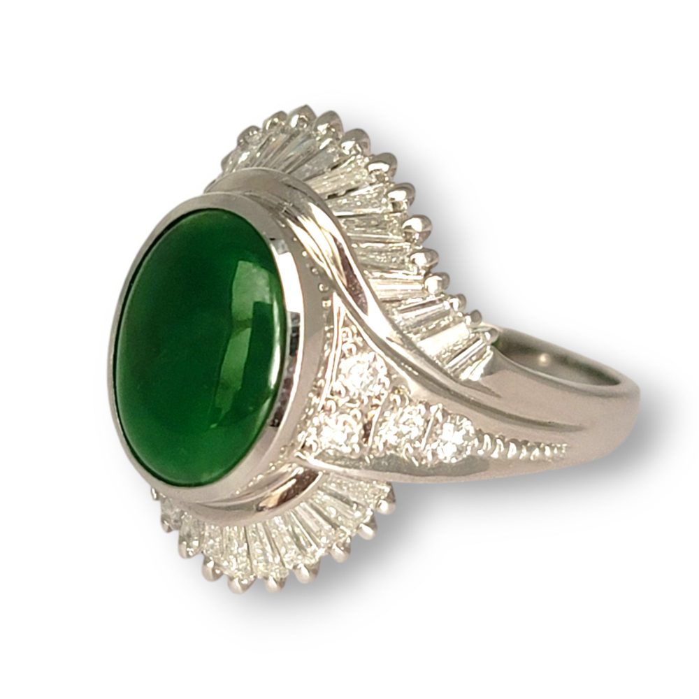 Jade and Diamond Cluster Ballerina Dress Ring in Platinum, 13.3ct oval cabochon cut jade surrounded by 1.16cts tapered baguette-cut diamonds