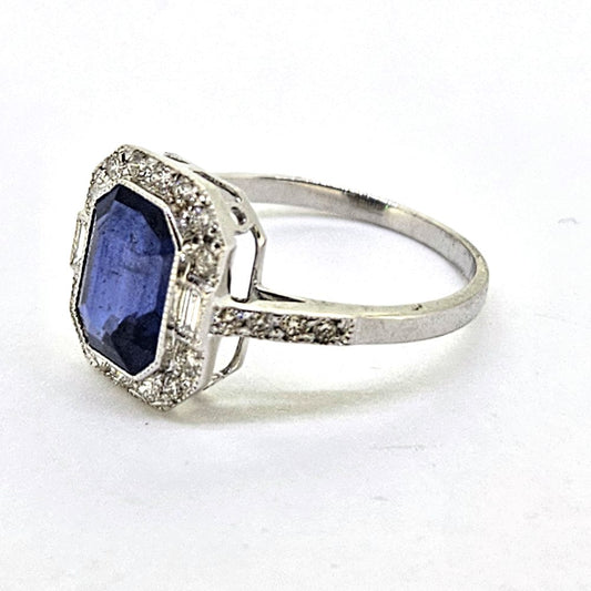 Modern 2.36ct Emerald Cut Sapphire and Diamond Engagement Cluster Ring