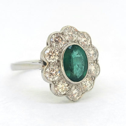Modern Emerald and Diamond Flower Cluster Engagement Ring in Platinum