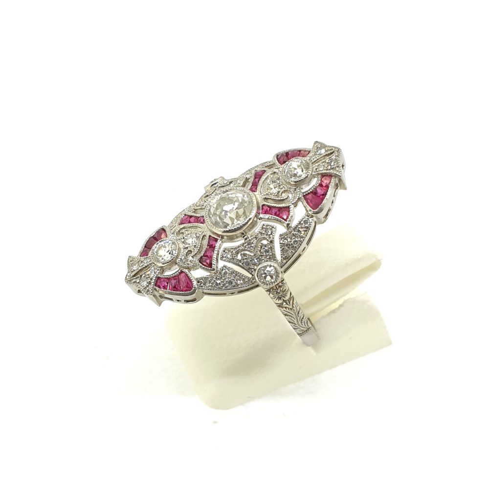 Diamond and Calibre Ruby Navette Cluster Plaque Ring in Platinum