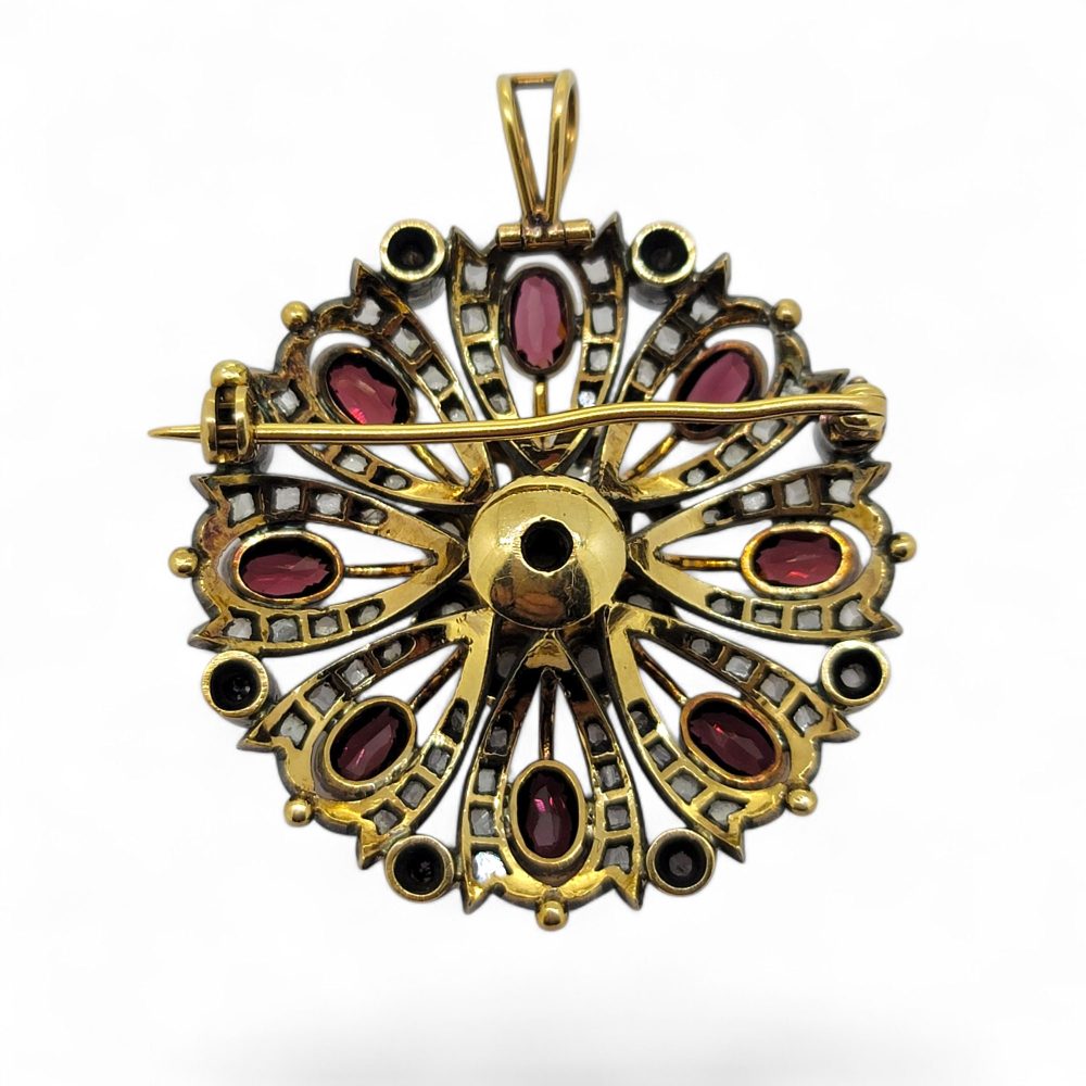 Antique Garnet Pearl and Diamond Pendant Brooch