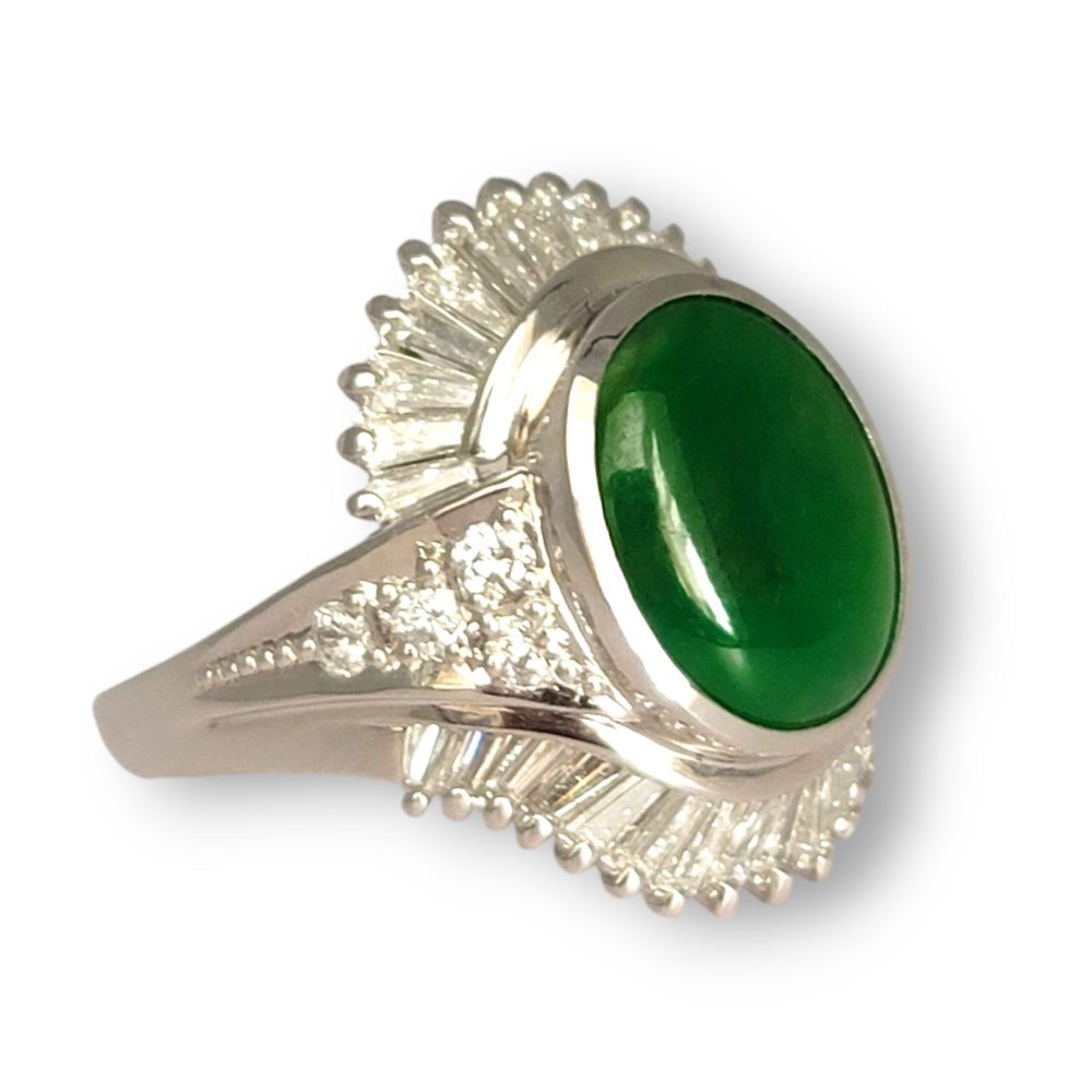 13.30ct Oval Cabochon Jade and Diamond Cluster Ballerina Dress Ring in Platinum