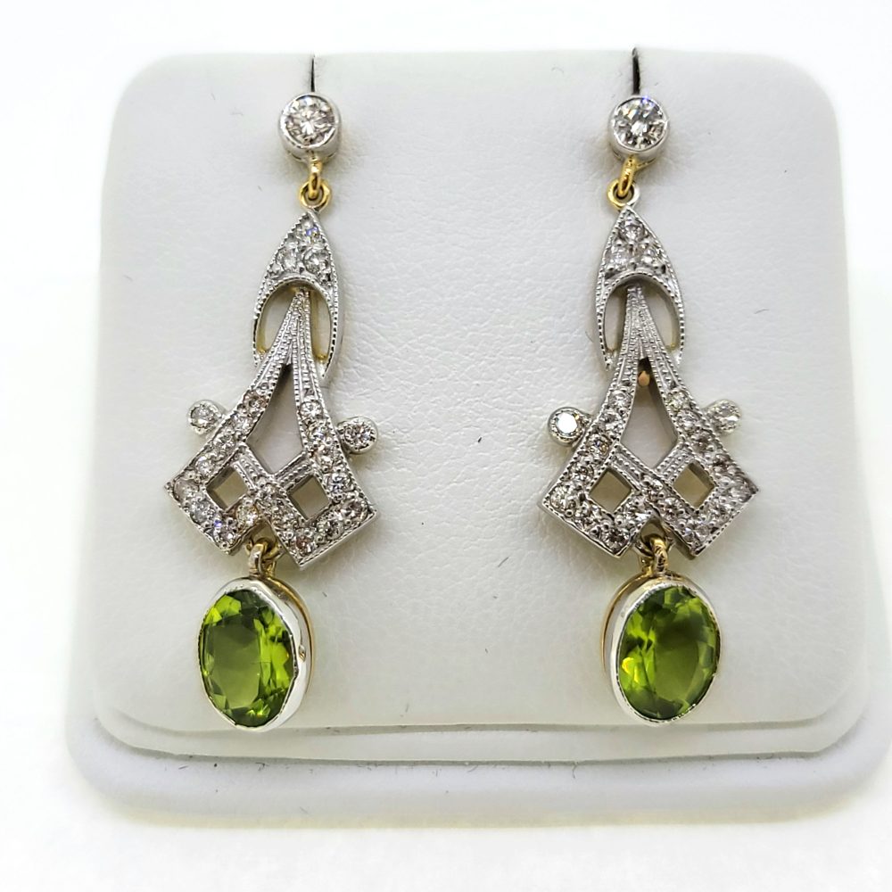 Decorative 3ct Peridot and Diamond Drop Earrings in 18ct Gold
