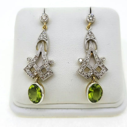 Decorative 3ct Peridot and Diamond Drop Earrings in 18ct Gold