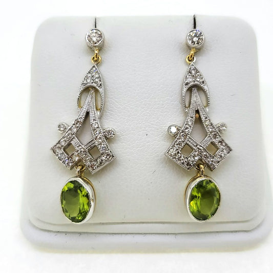 Decorative 3ct Peridot and Diamond Drop Earrings in 18ct Gold