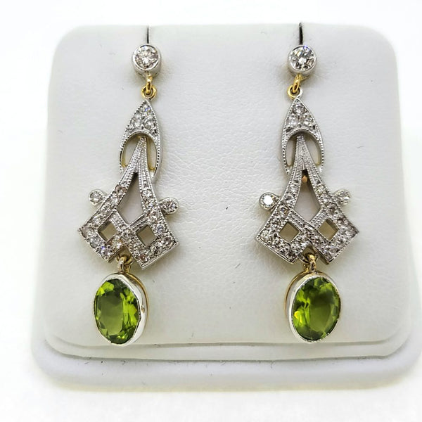 Decorative 3ct Peridot and Diamond Drop Earrings in 18ct Gold