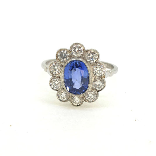 1.85ct Oval Sapphire and Diamond Cluster Engagement Ring in Platinum