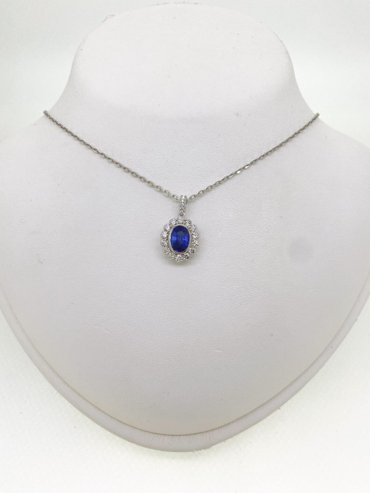 1.75ct Oval Sapphire and Diamond Cluster Pendant with Chain