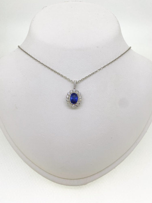 1.75ct Oval Sapphire and Diamond Cluster Pendant with Chain