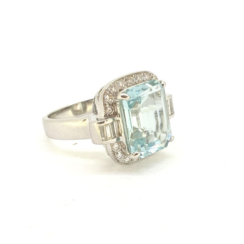 7.17ct Emerald Cut Aquamarine and Diamond Cluster Dress Ring