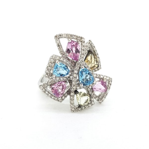 Abstract Multi Coloured Topaz and Diamond Cocktail Ring