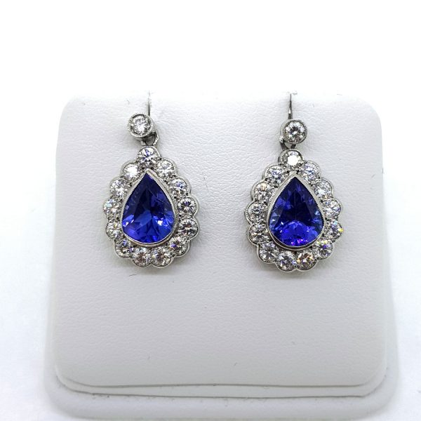 3.10ct Tanzanite and Diamond Pear Cluster Drop Earrings
