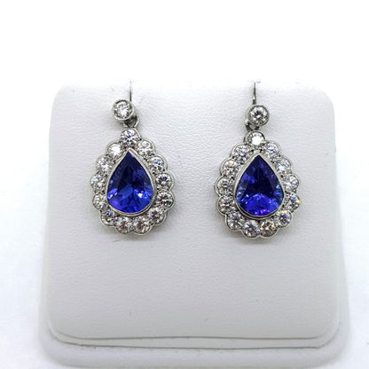 3.10ct Tanzanite and Diamond Pear Cluster Drop Earrings
