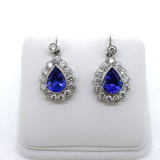 3.10ct Tanzanite and Diamond Pear Cluster Drop Earrings