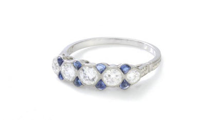 Art Deco Old Cut Diamond, Sapphire and Platinum Five Stone Ring