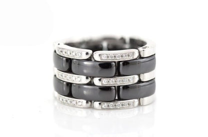 Chanel Ultra Black Ceramic, Diamond and 18ct White Gold Band Ring; three rows of diamonds, 0.60cts, on 18ct white gold and black ceramic alternated hinged links