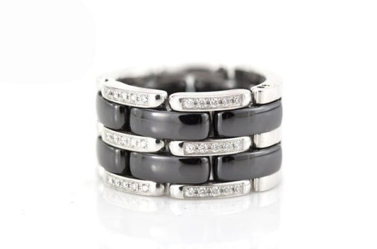 Chanel Ultra Black Ceramic, Diamond and 18ct White Gold Band Ring; three rows of diamonds, 0.60cts, on 18ct white gold and black ceramic alternated hinged links