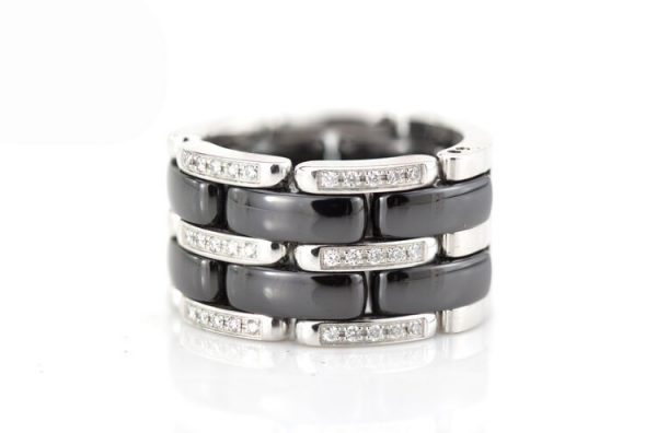 Chanel Ultra Black Ceramic, Diamond and 18ct White Gold Band Ring; three rows of diamonds, 0.60cts, on 18ct white gold and black ceramic alternated hinged links