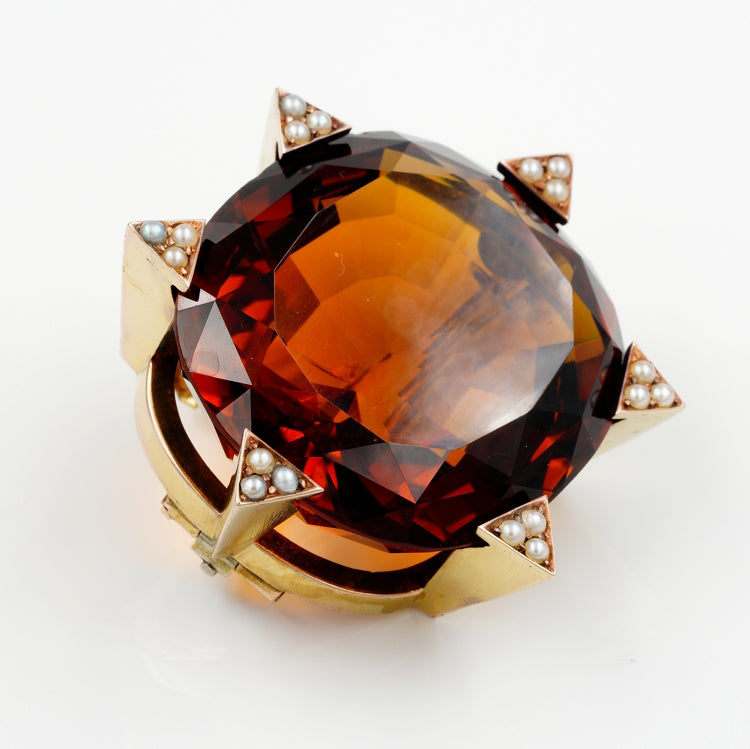 Late Art Deco 79ct Untreated Madeira Citrine and Natural Pearl Cluster Pendant-come-Brooch