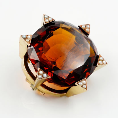 Late Art Deco 79ct Untreated Madeira Citrine and Natural Pearl Cluster Pendant-come-Brooch