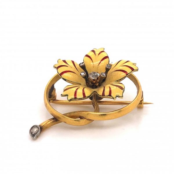 Antique Victorian Enamel, Diamond and Gold Flower Brooch