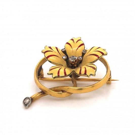 Antique Victorian Enamel, Diamond and Gold Flower Brooch