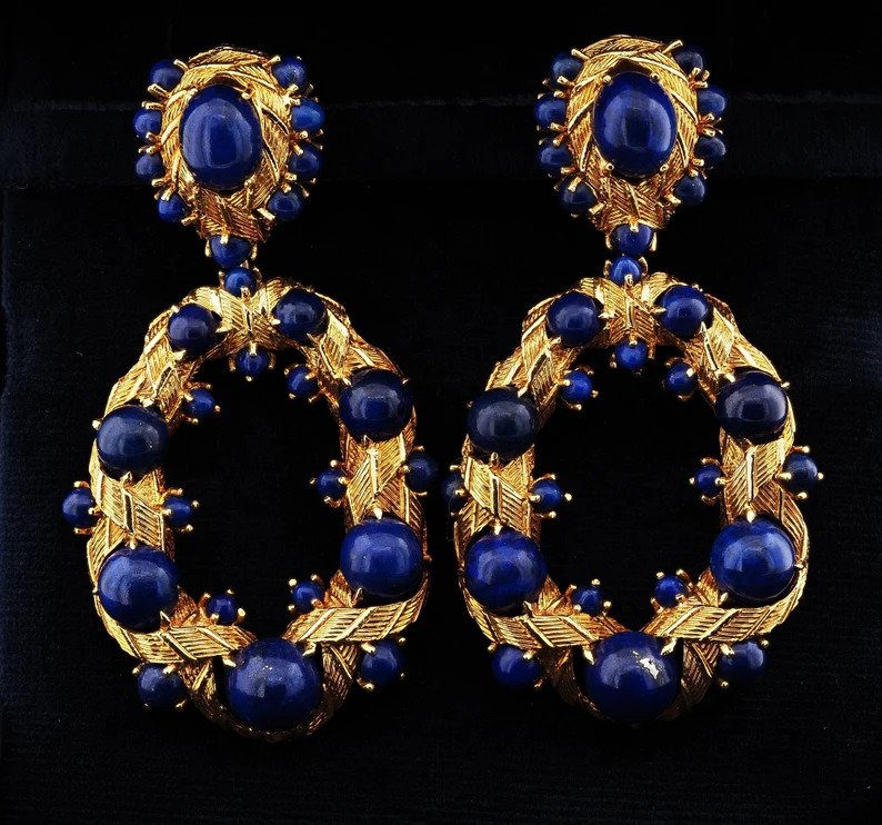 Vintage Retro Lapis Lazuli and 18ct Yellow Gold Earrings