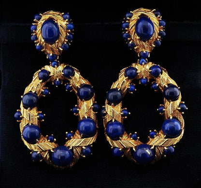 Vintage Retro Lapis Lazuli and 18ct Yellow Gold Earrings