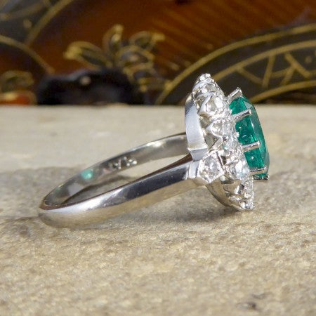 Emerald and Diamond Oval Cluster Ring, 3.45 carat total, in Platinum