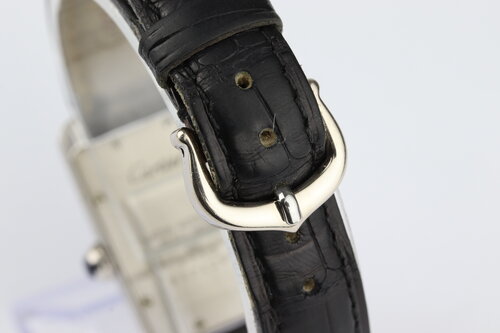 Cartier Tank Americaine Ladies 18ct White Gold Quartz Watch, Ref 1713, white dial, Roman numerals, sapphire crystal, sapphire crown, on a Cartier black leather strap with 18ct white gold pin buckle.