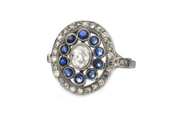 Art Deco French Old Cut Diamond, Sapphire and Platinum Oval Cluster Ring