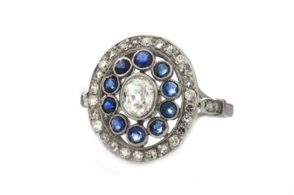 Art Deco French Old Cut Diamond, Sapphire and Platinum Oval Cluster Ring