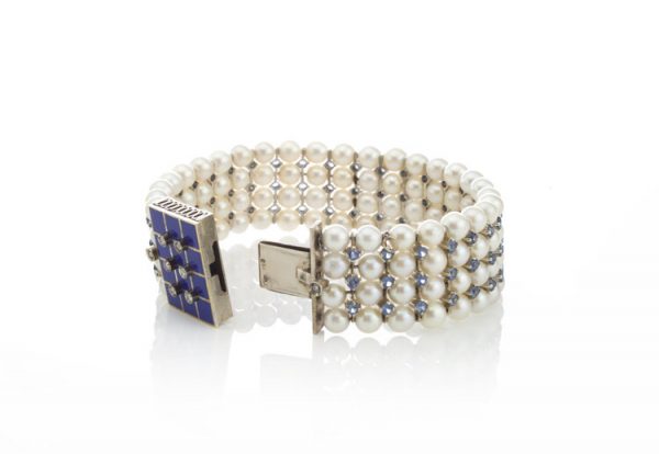 Akoya Pearl and Aquamarine Bracelet, Blue Enamel and Diamond Clasp