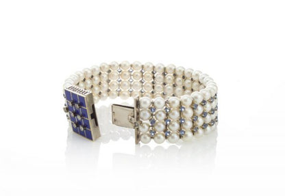 Akoya Pearl and Aquamarine Bracelet, Blue Enamel and Diamond Clasp