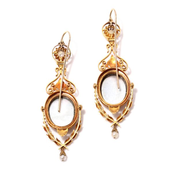 19th Century Antique Italian Gold and Enamel Cherub Plaque Drop Earrings