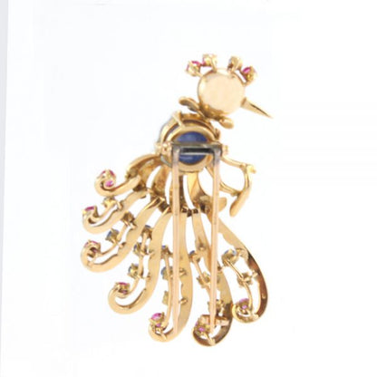 Vintage 2.50ct Carved Sapphire and 18ct Gold Peacock Brooch, c.1970s