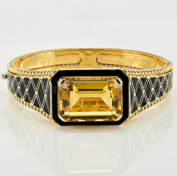 Vintage Retro Italian 33.80ct Natural Citrine and Black Enamel Bangle Bracelet in 18ct Yellow Gold