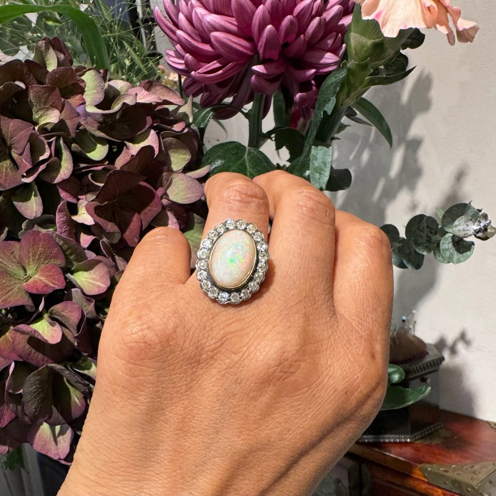 Vintage 6.5 Carat Opal And Old Cut Diamond Cluster Ring In 14 Carat Yellow Gold And Silver