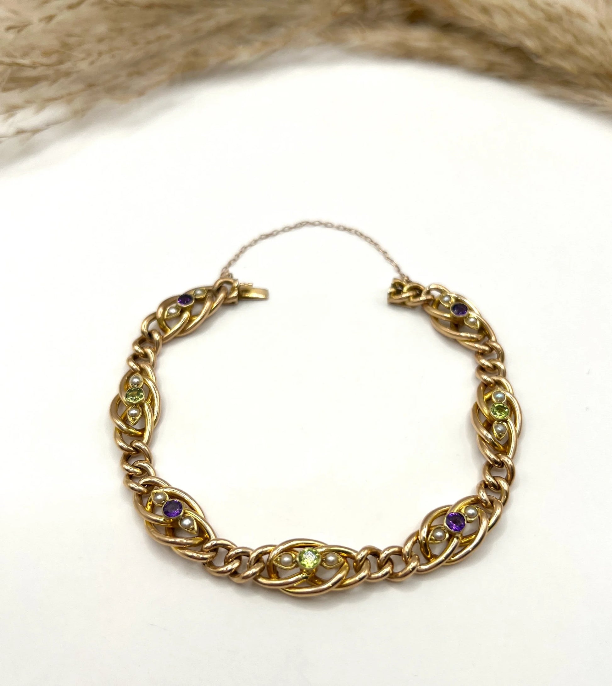 Edwardian Antique Amethyst Peridot and Pearl Suffragette Curb Link Bracelet in 15ct Gold