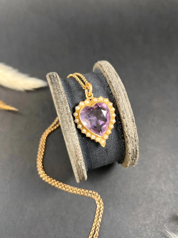 Antique Amethyst And Pearl Heart Pendant In 15 Carat Yellow Gold