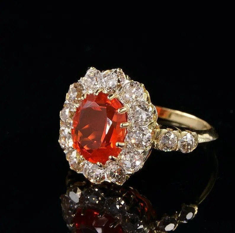 Antique Victorian 2ct Fire Opal and Diamond Cluster Ring