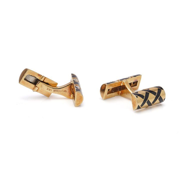 Tiffany and Co Gold Cufflinks with Black Enamel and Diamonds