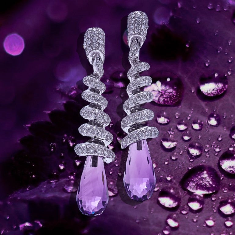 Briolette Cut Amethyst and Diamond Drop Earrings